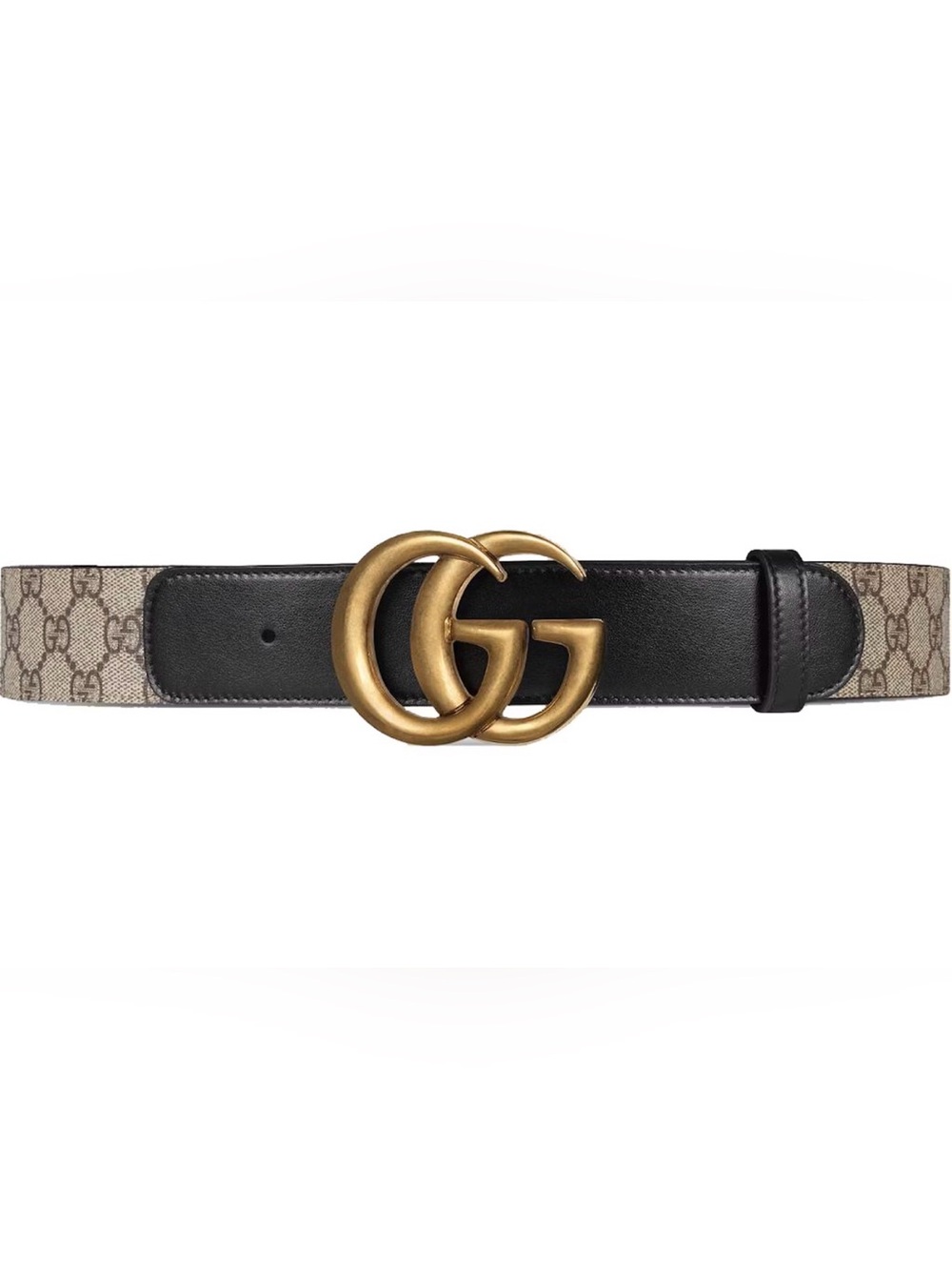Gucci Beige GG Canvas and Black Leather Belt with Gold Double G Buckle